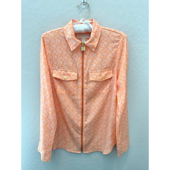 MICHAEL KORS | Orange Paisley Silky Long Sleeve Zip Up Blouse | Medium - Picture 1 of 6